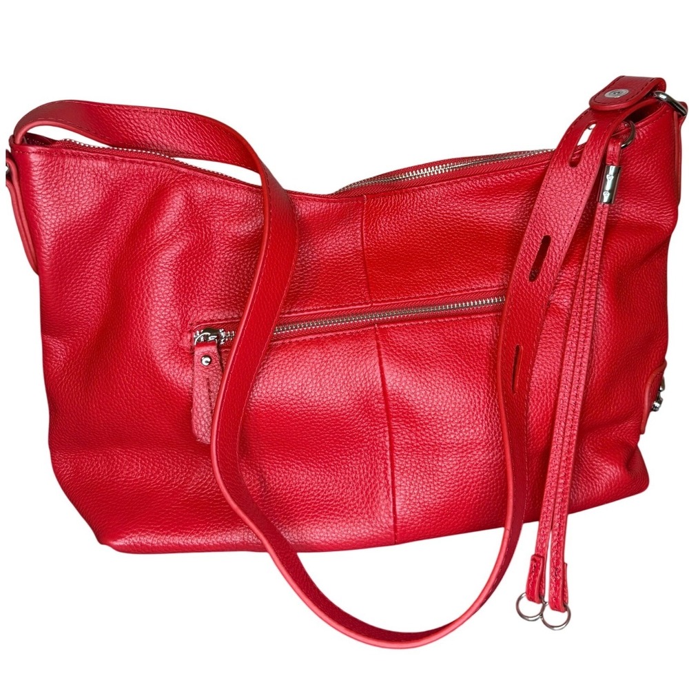 Zency Red Pebbled Leather‎ Hobo Shoulder Bag Silver Hardware Zip Slouchy Bag